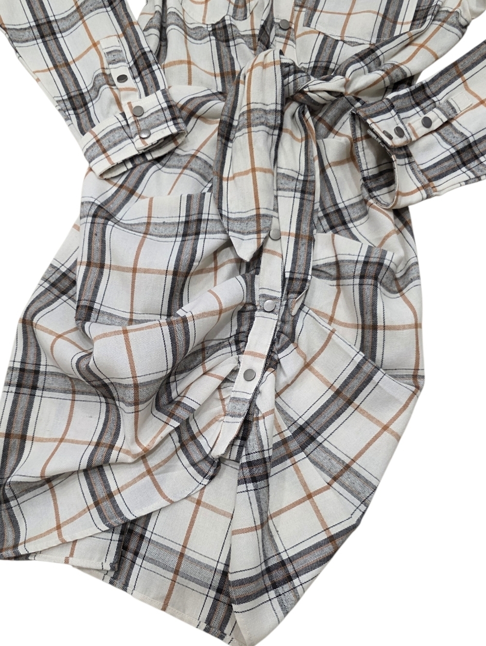 Fate Beige Plaid Button-Front Ruched Shirt Dress S - Picture 2 of 3